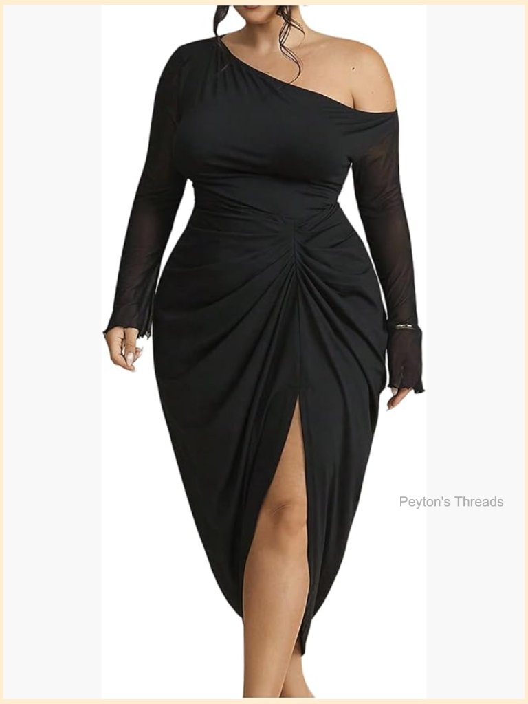 Plus Size Off Shoulder Bodycon Dress Mesh Long Sleeve Ruched Split Midi